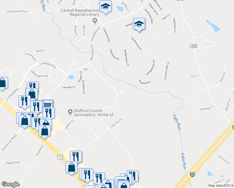 map of restaurants, bars, coffee shops, grocery stores, and more near 108 Noble Court in Fredericksburg