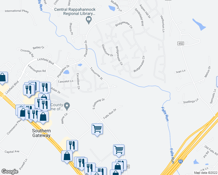 map of restaurants, bars, coffee shops, grocery stores, and more near 105 Noble Court in Fredericksburg