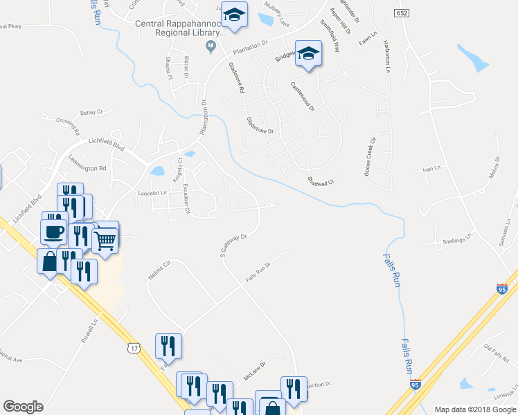 map of restaurants, bars, coffee shops, grocery stores, and more near 101 Noble Court in Fredericksburg