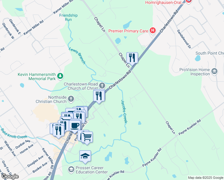 map of restaurants, bars, coffee shops, grocery stores, and more near 4620 Charlestown Road in New Albany