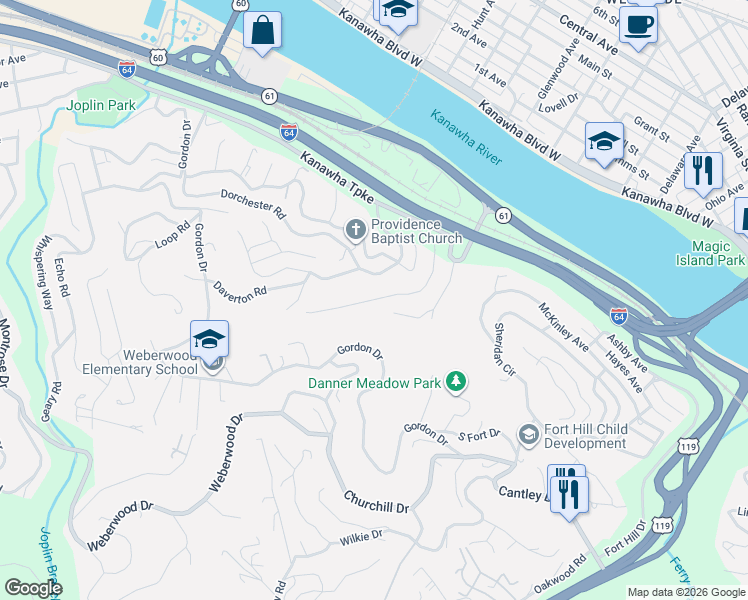 map of restaurants, bars, coffee shops, grocery stores, and more near Wayside Drive in South Charleston
