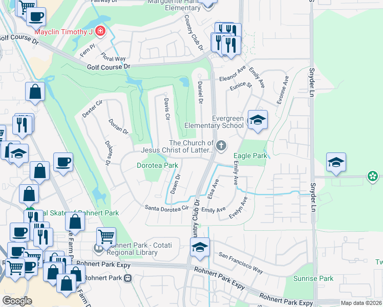 map of restaurants, bars, coffee shops, grocery stores, and more near 919 Santa Dorotea Circle in Rohnert Park