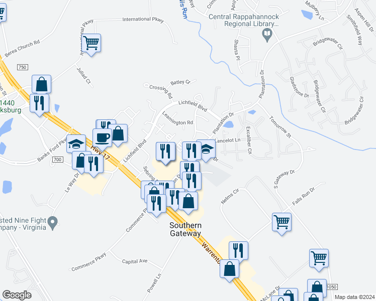map of restaurants, bars, coffee shops, grocery stores, and more near 108 Barrows Court in Fredericksburg