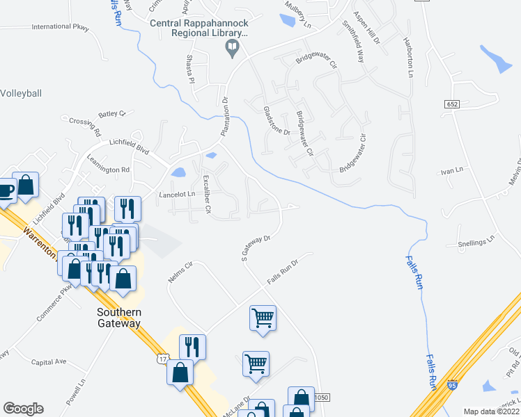 map of restaurants, bars, coffee shops, grocery stores, and more near 601 England Pointe Drive in Fredericksburg