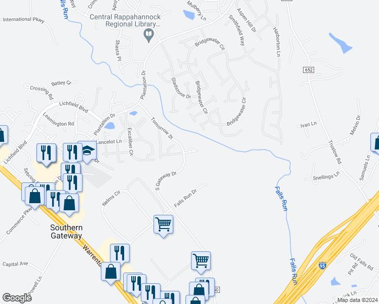 map of restaurants, bars, coffee shops, grocery stores, and more near 107 Noble Court in Fredericksburg