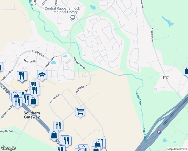map of restaurants, bars, coffee shops, grocery stores, and more near 208 Noble Court in Fredericksburg