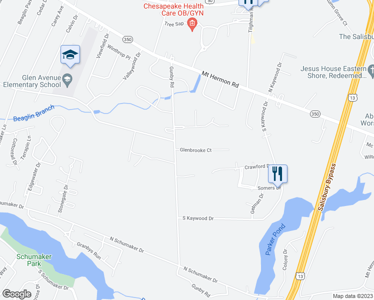 map of restaurants, bars, coffee shops, grocery stores, and more near 104 Glenbrooke Court in Salisbury