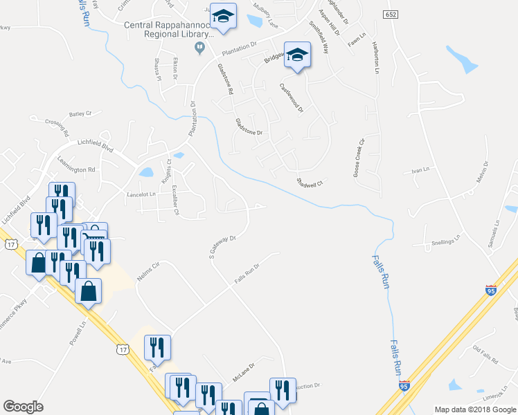 map of restaurants, bars, coffee shops, grocery stores, and more near 213 Noble Court in Fredericksburg