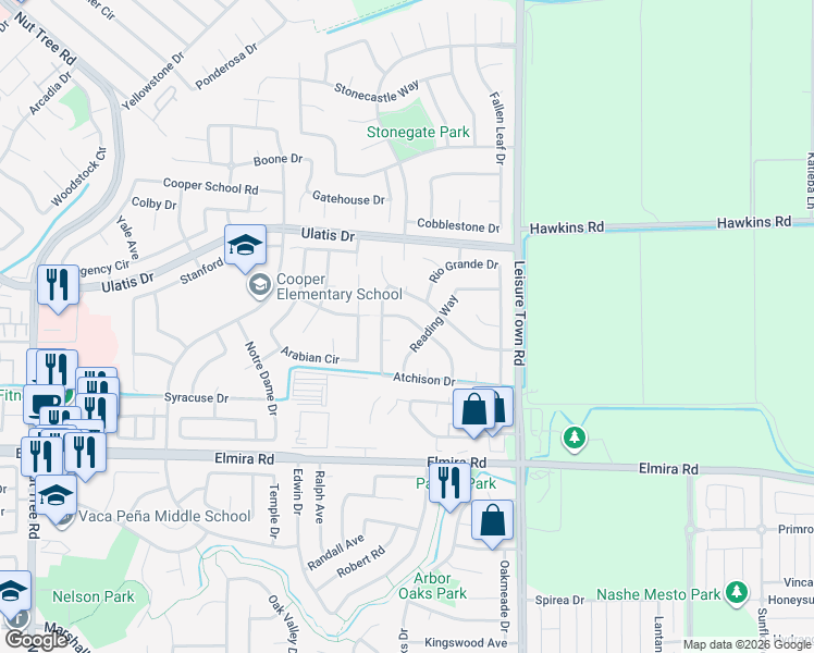 map of restaurants, bars, coffee shops, grocery stores, and more near 903 Reading Way in Vacaville