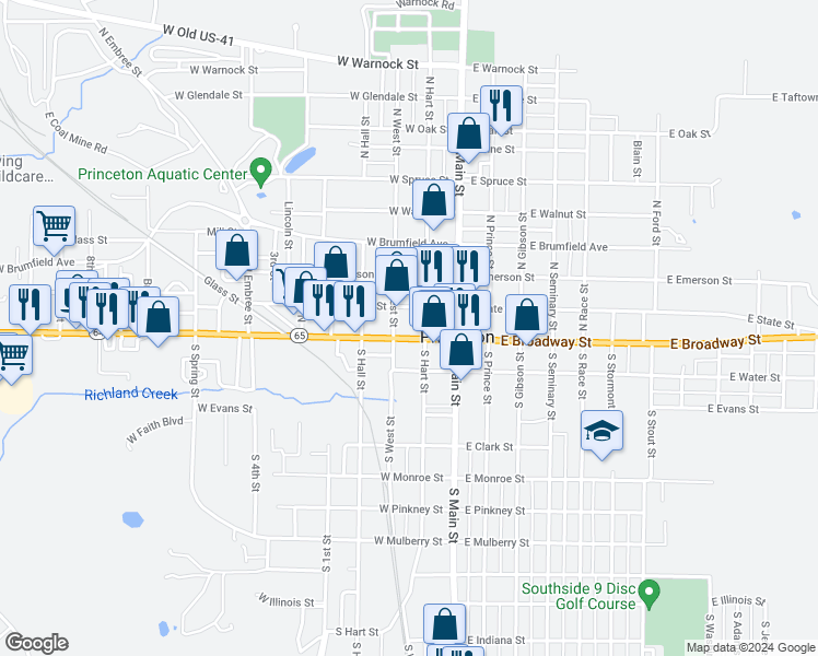 map of restaurants, bars, coffee shops, grocery stores, and more near 225 South West Street in Princeton
