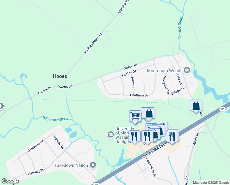 map of restaurants, bars, coffee shops, grocery stores, and more near 4314 Chatham Drive in King George
