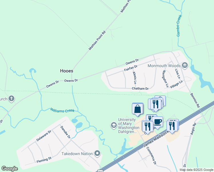 map of restaurants, bars, coffee shops, grocery stores, and more near 4355 Chatham Drive in King George