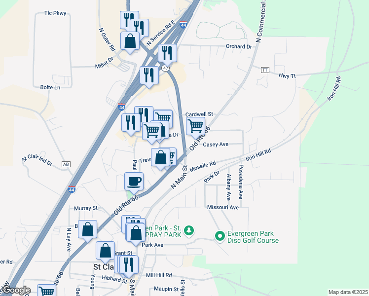 map of restaurants, bars, coffee shops, grocery stores, and more near 1039 North Main Street in Saint Clair