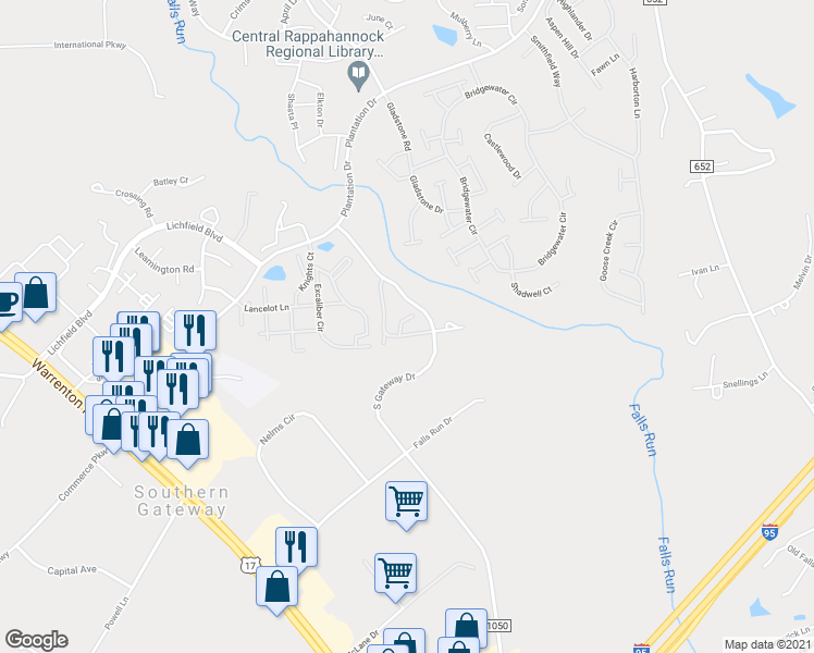 map of restaurants, bars, coffee shops, grocery stores, and more near 202 Castle Ridge Court in Fredericksburg