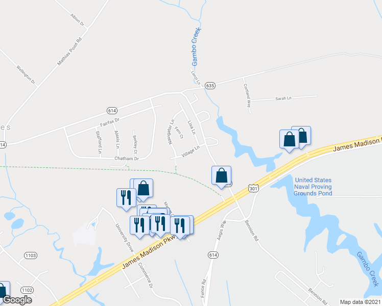 map of restaurants, bars, coffee shops, grocery stores, and more near 17014 Village Lane in King George
