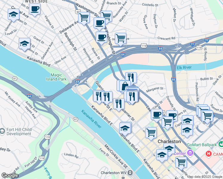 map of restaurants, bars, coffee shops, grocery stores, and more near 200 Civic Center Drive in Charleston