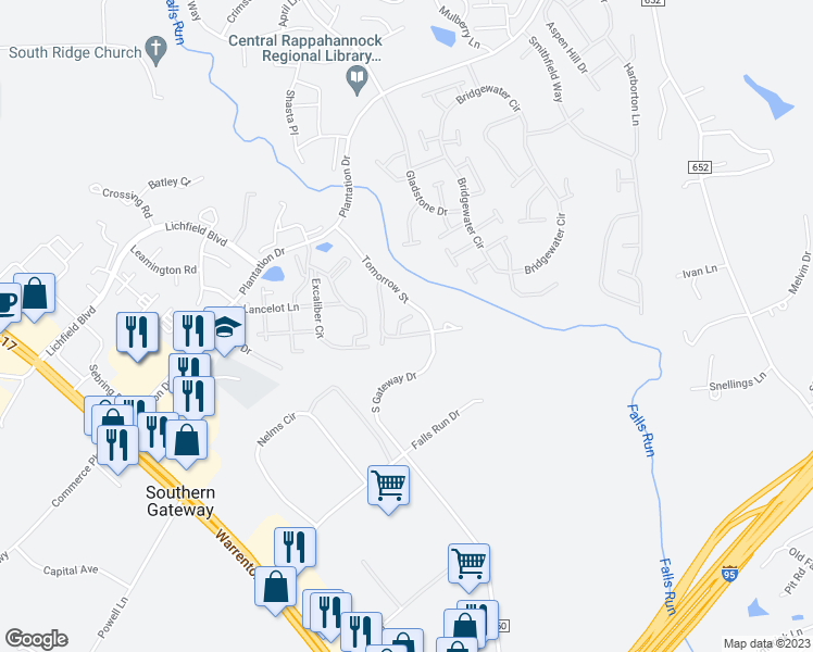 map of restaurants, bars, coffee shops, grocery stores, and more near 210 Castle Ridge Court in Fredericksburg