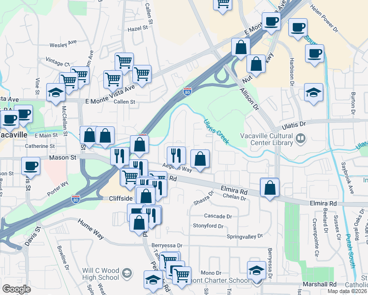 map of restaurants, bars, coffee shops, grocery stores, and more near 10 Sunset Drive in Vacaville