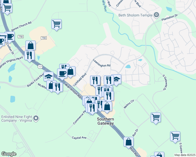 map of restaurants, bars, coffee shops, grocery stores, and more near 401 Barrows Court in Fredericksburg
