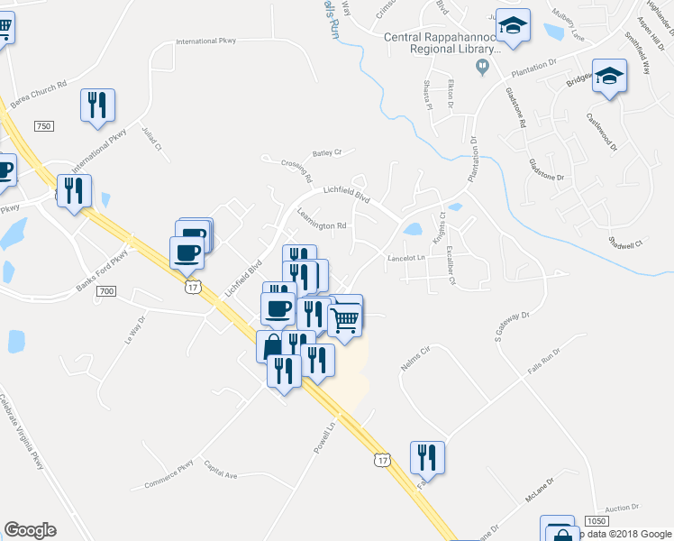 map of restaurants, bars, coffee shops, grocery stores, and more near 204 Barrows Court in Fredericksburg