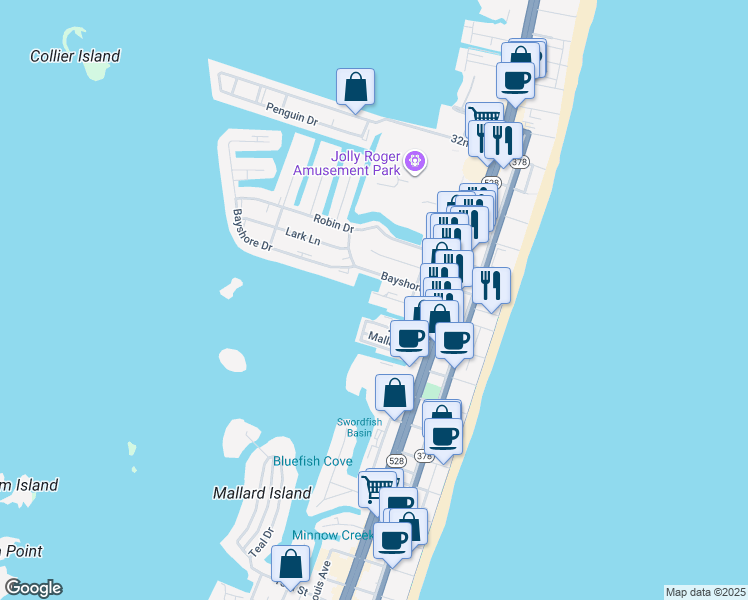 map of restaurants, bars, coffee shops, grocery stores, and more near 311 Bayshore Drive in Ocean City