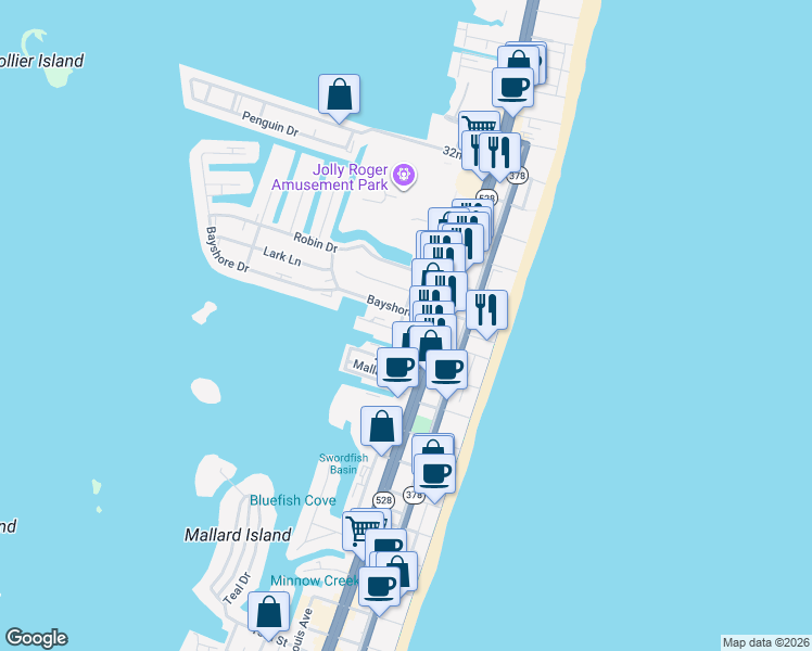 map of restaurants, bars, coffee shops, grocery stores, and more near 211 Sunset Drive in Ocean City