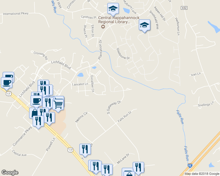 map of restaurants, bars, coffee shops, grocery stores, and more near 414 England Pointe Drive in Fredericksburg