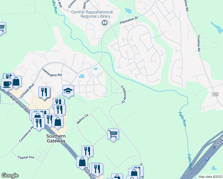 map of restaurants, bars, coffee shops, grocery stores, and more near 412 England Pointe Drive in Fredericksburg