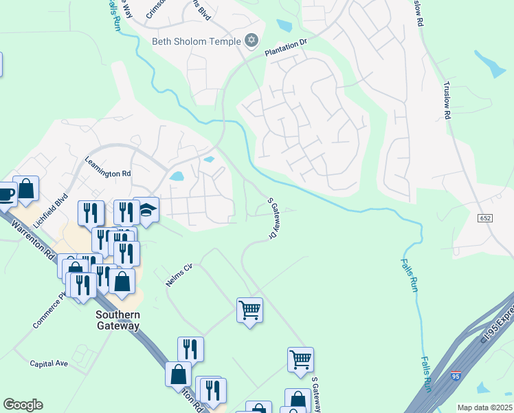 map of restaurants, bars, coffee shops, grocery stores, and more near 201 Castle Ridge Court in Fredericksburg