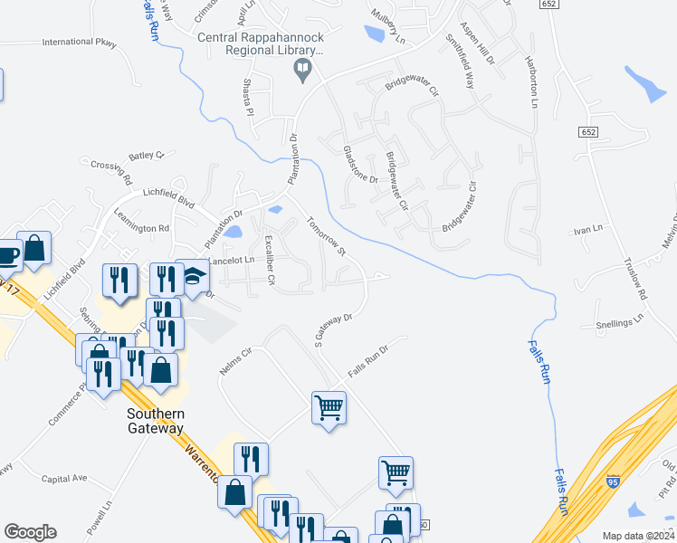 map of restaurants, bars, coffee shops, grocery stores, and more near 207 Castle Ridge Court in Fredericksburg