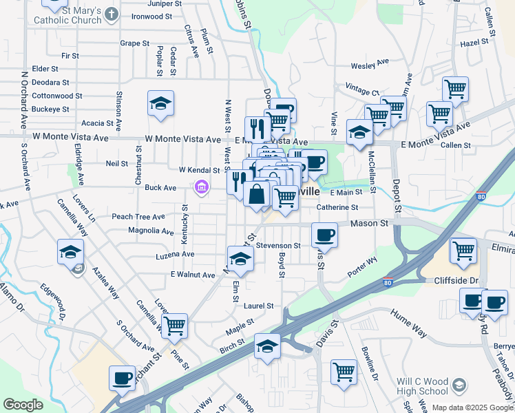 map of restaurants, bars, coffee shops, grocery stores, and more near 212 Main Street in Vacaville
