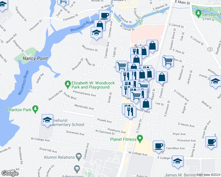 map of restaurants, bars, coffee shops, grocery stores, and more near 728 Smith Street in Salisbury