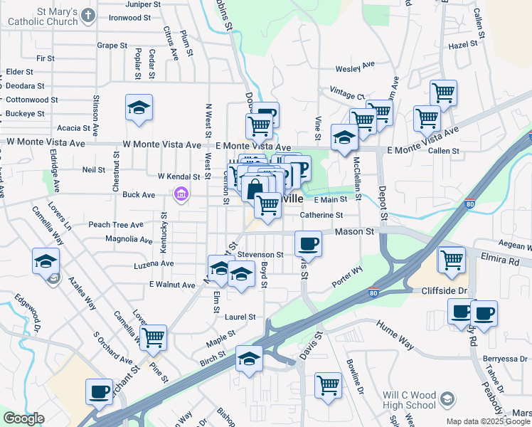 map of restaurants, bars, coffee shops, grocery stores, and more near 344 Main Street in Vacaville