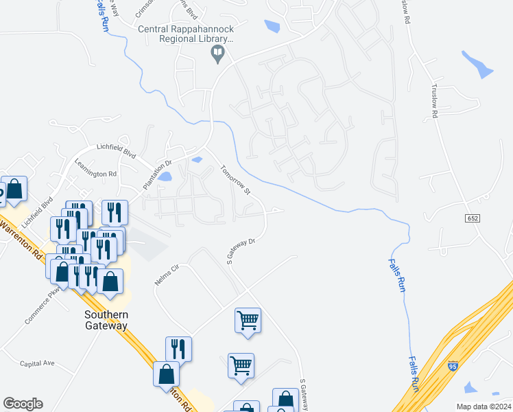 map of restaurants, bars, coffee shops, grocery stores, and more near 214 Castle Ridge Court in Fredericksburg