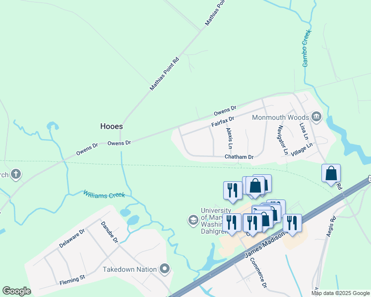 map of restaurants, bars, coffee shops, grocery stores, and more near 4355 Chatham Drive in King George