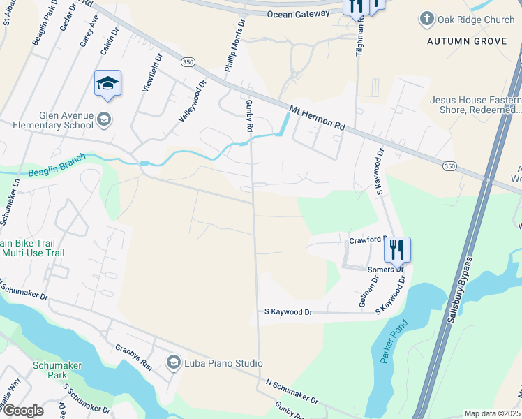map of restaurants, bars, coffee shops, grocery stores, and more near 102 Glenbrooke Court in Salisbury