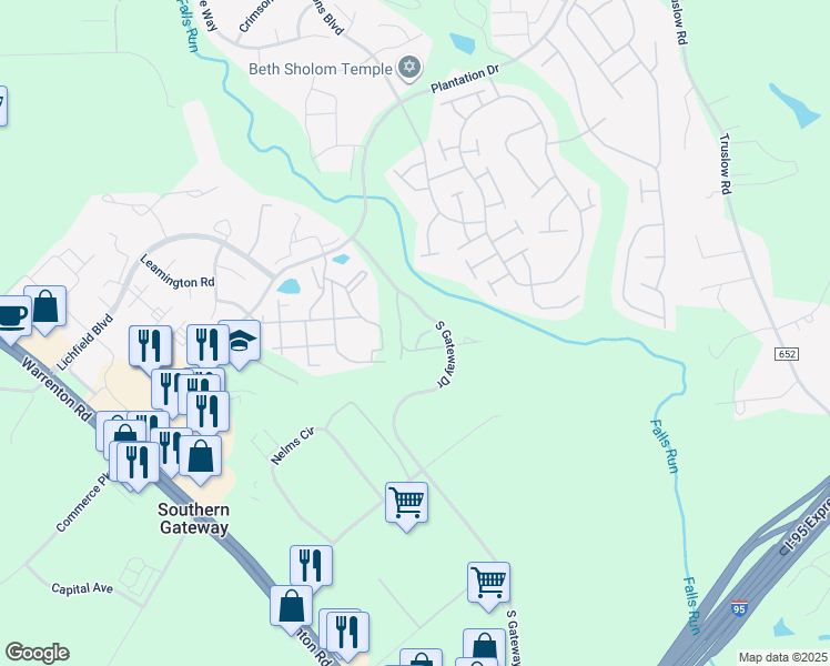 map of restaurants, bars, coffee shops, grocery stores, and more near 115 Castle Ridge Court in Fredericksburg