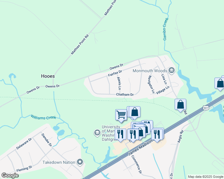 map of restaurants, bars, coffee shops, grocery stores, and more near 4255 Stafford Lane in King George