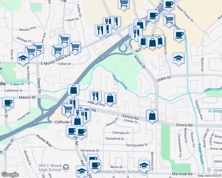 map of restaurants, bars, coffee shops, grocery stores, and more near 159 Aegean Way in Vacaville