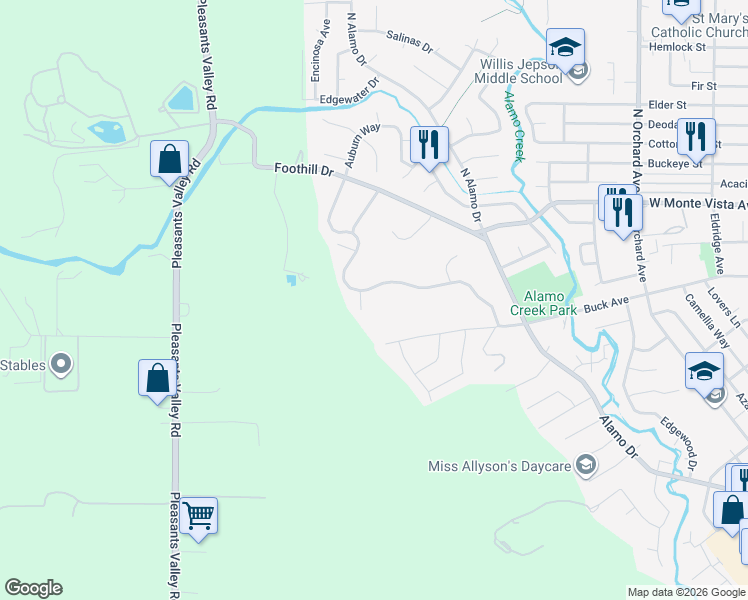 map of restaurants, bars, coffee shops, grocery stores, and more near 160 Wykoff Drive in Vacaville