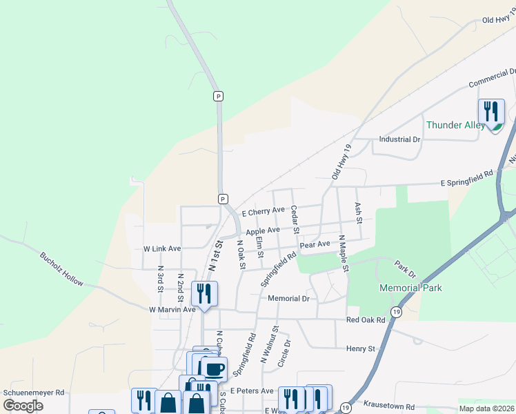 map of restaurants, bars, coffee shops, grocery stores, and more near 404 East Plum Avenue in Owensville