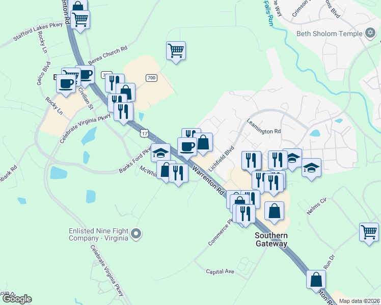 map of restaurants, bars, coffee shops, grocery stores, and more near 840 U.S. 17 in Fredericksburg