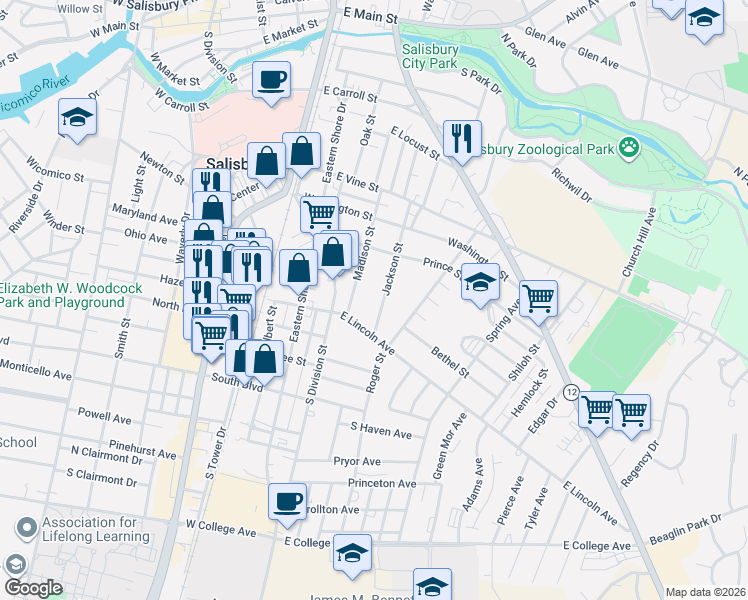 map of restaurants, bars, coffee shops, grocery stores, and more near 722 Jackson Street in Salisbury