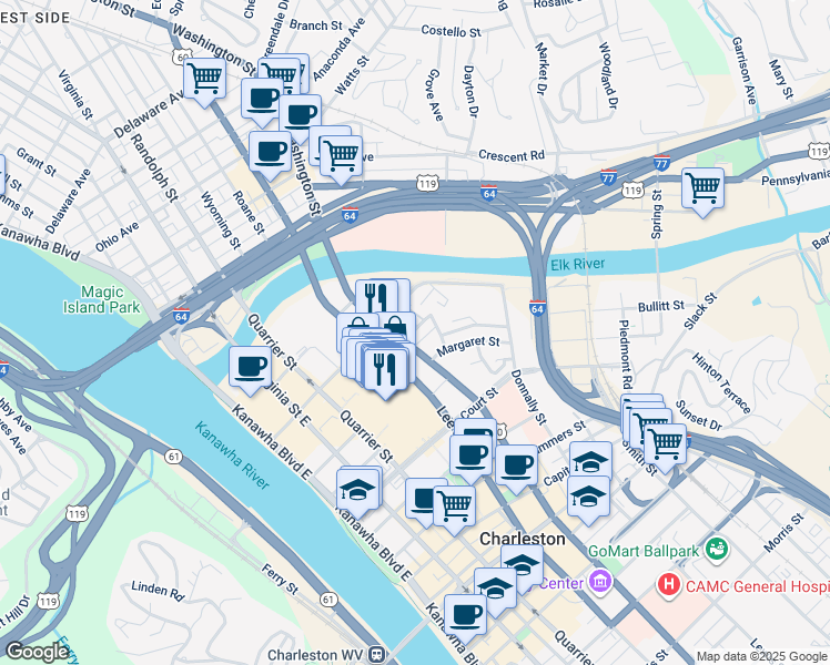 map of restaurants, bars, coffee shops, grocery stores, and more near 400 Clendenin Street in Charleston