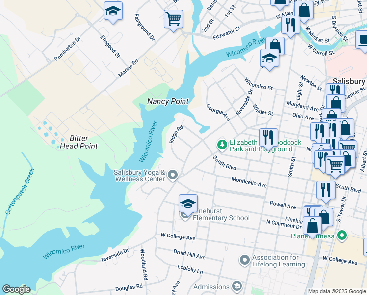 map of restaurants, bars, coffee shops, grocery stores, and more near 602 Crestview Lane in Salisbury
