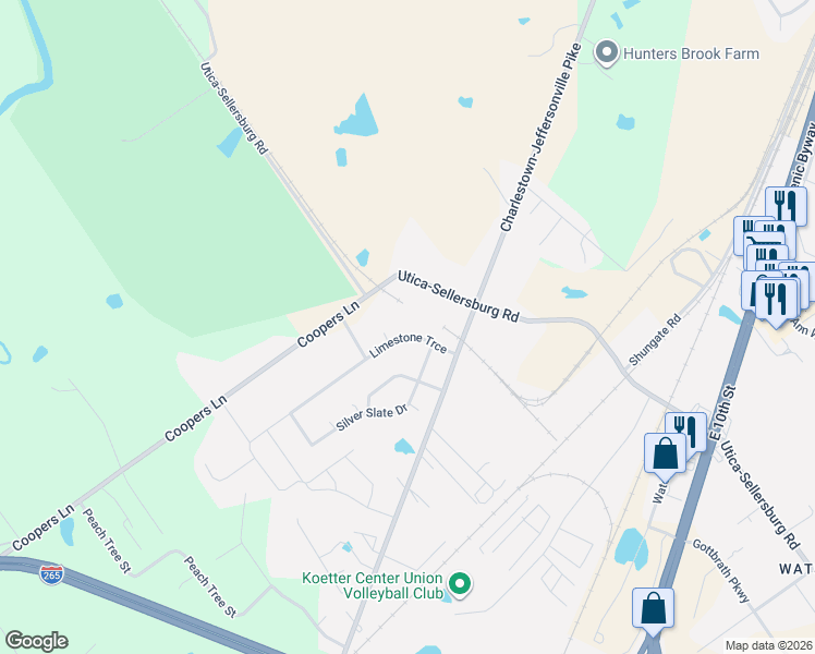 map of restaurants, bars, coffee shops, grocery stores, and more near 4245 Limestone Trce in Jeffersonville