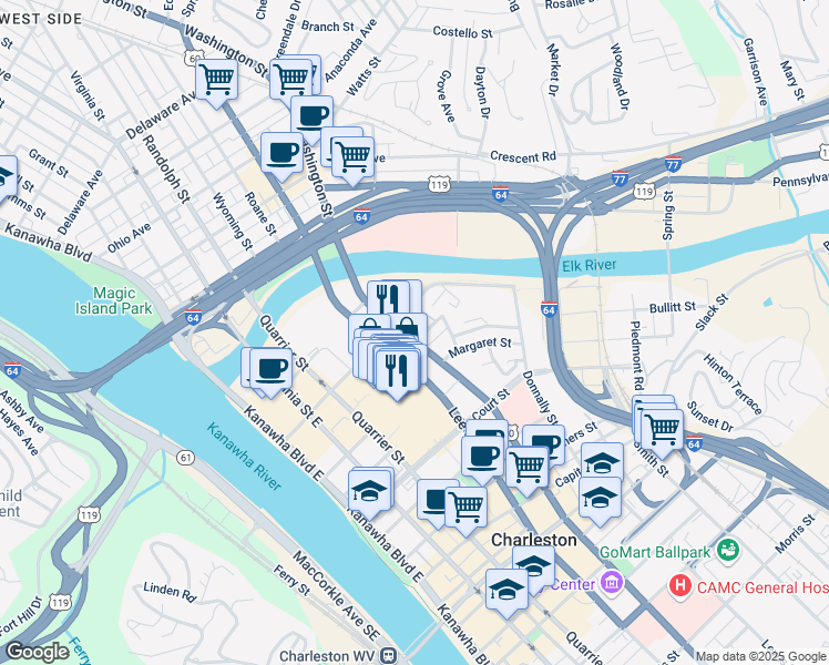 map of restaurants, bars, coffee shops, grocery stores, and more near 401 Bibby Street in Charleston