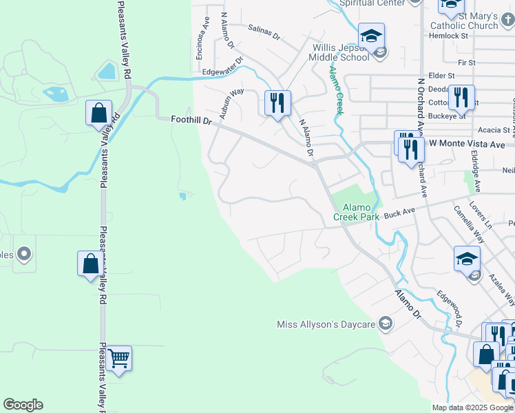 map of restaurants, bars, coffee shops, grocery stores, and more near 143 Wykoff Drive in Vacaville