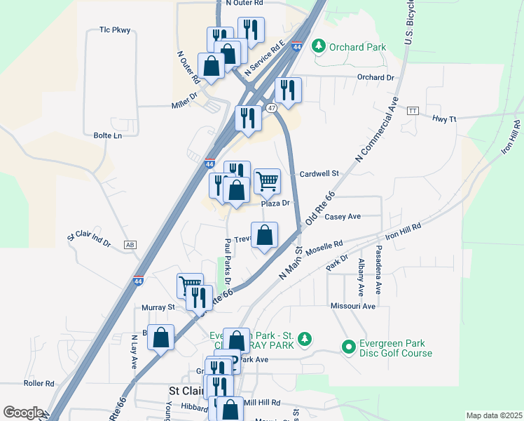 map of restaurants, bars, coffee shops, grocery stores, and more near 940 Plaza Court South in Saint Clair
