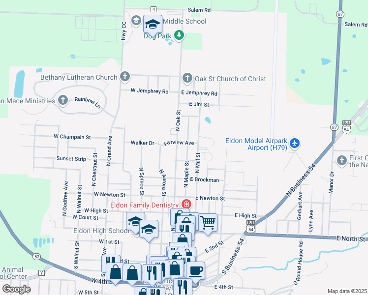 map of restaurants, bars, coffee shops, grocery stores, and more near 301-303 Fairview Avenue in Eldon